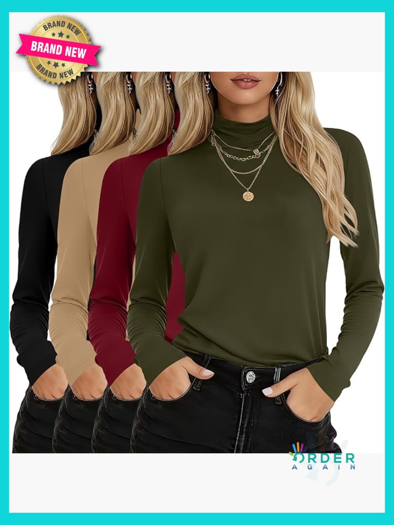 4 Pack Women's Turtleneck Long Sleeve Tees Basic Tunic Loose Fit Soft Cotton